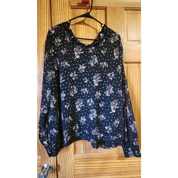 Maurices Women’s Floral Blouse Size 2 Black Gold Polka Dot Long Sleeve Top - Picture 2 of 10